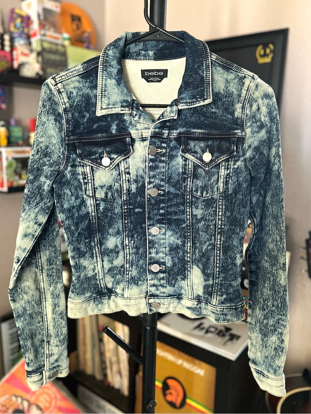 bebe Two-Tone Acid Wash Denim Jacket - Blue & Cream XS